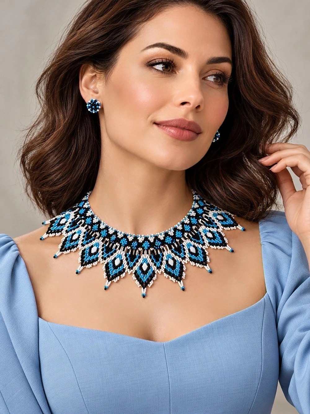 Handmade Blue, Black & Ivory Beaded Collar Necklace Set